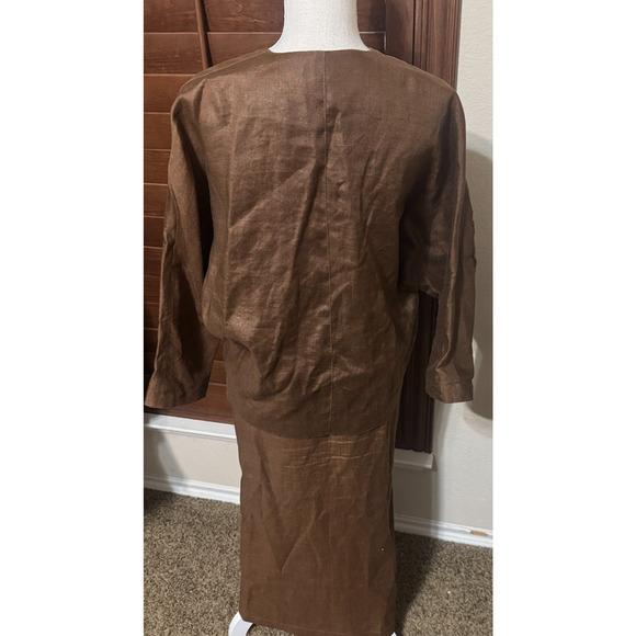VTG 90s Linen Skirt Suit chocolate brown Church First Lady embroidered long sz L - Picture 5 of 9